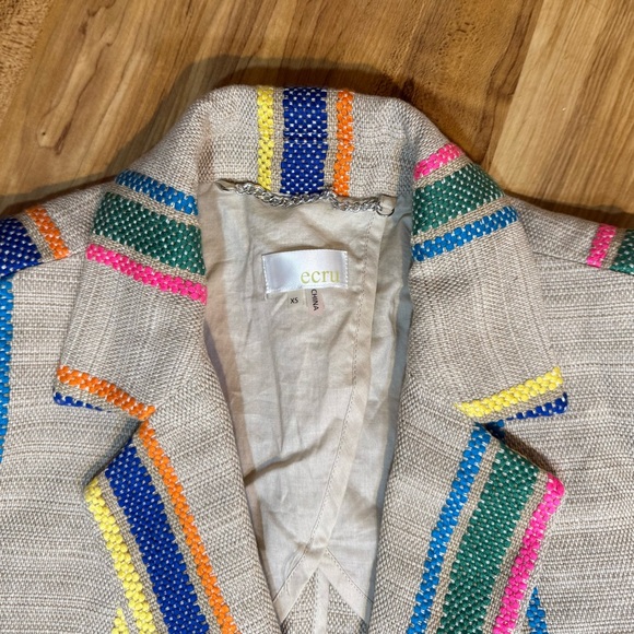 Ecru Striped Linen Fringe Bohemian Blazer Size XS New With Tags - Picture 3 of 9